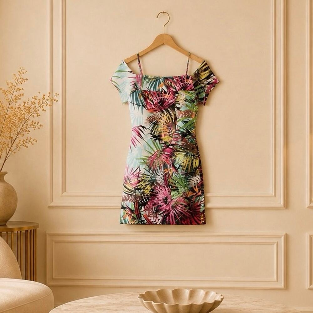 Guess Printed Off Shoulder Scuba Mini Dress Tropical Floral Sz 6 NWT Miami Glam